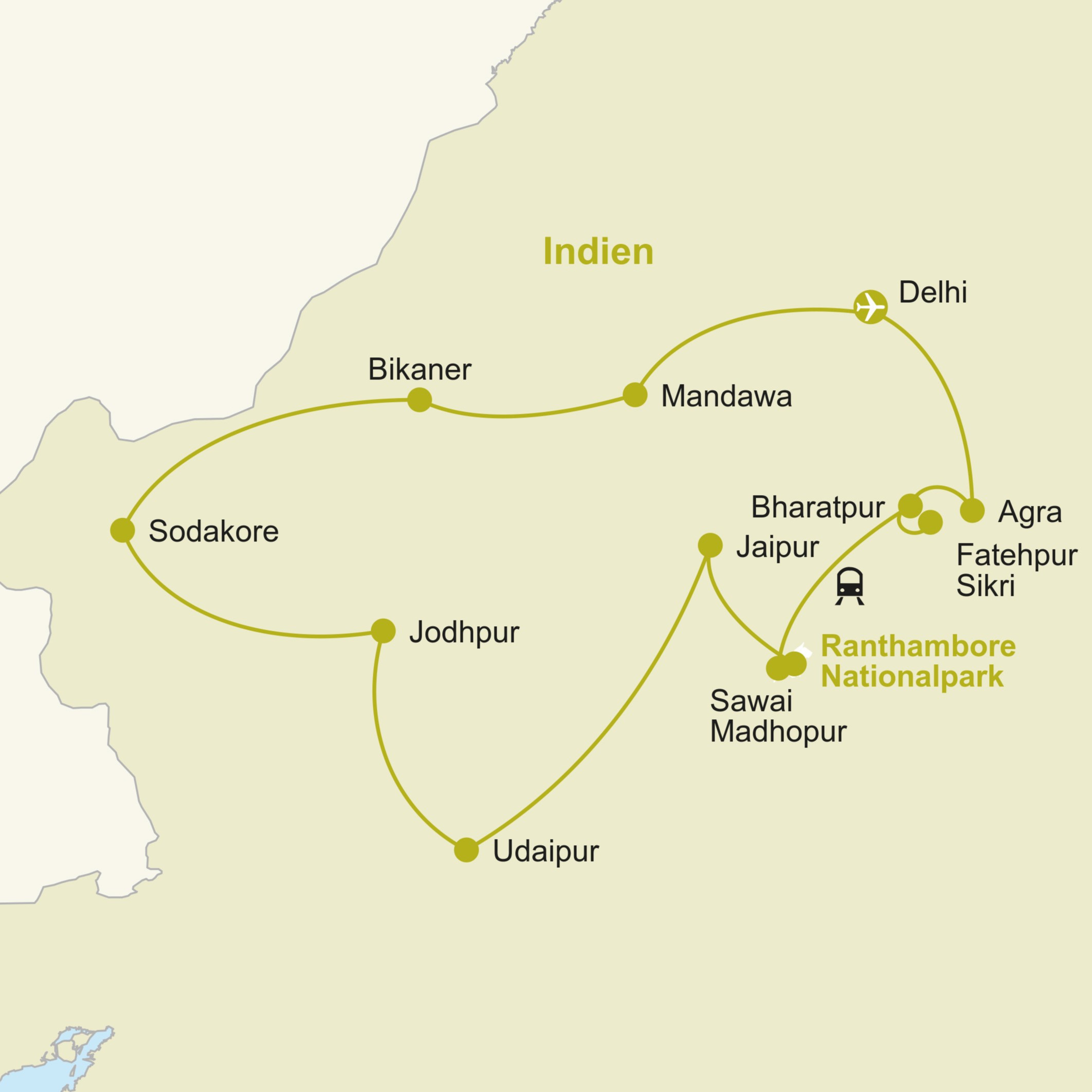 Reiseverlauf Indien 16-tägig Ausschnitt